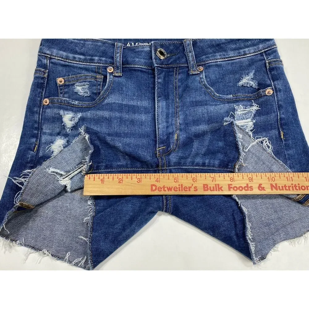 American Eagle Shorts 4 Hi-Rise Shortie Denim Jean Holes Raw Hems Distressed